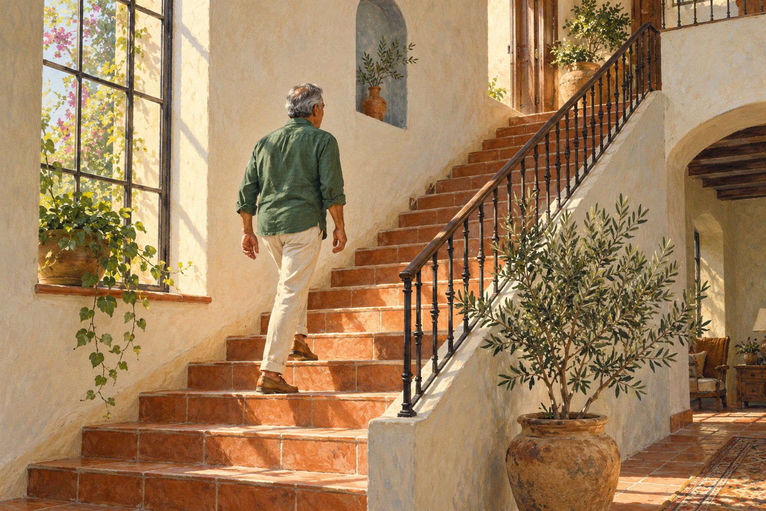 Ilustración de un hombre subiendo una escalera en casa