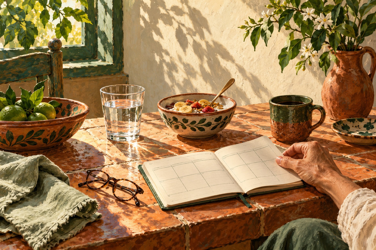 Ilustración de una mesa de desayuno con agua y una agenda
