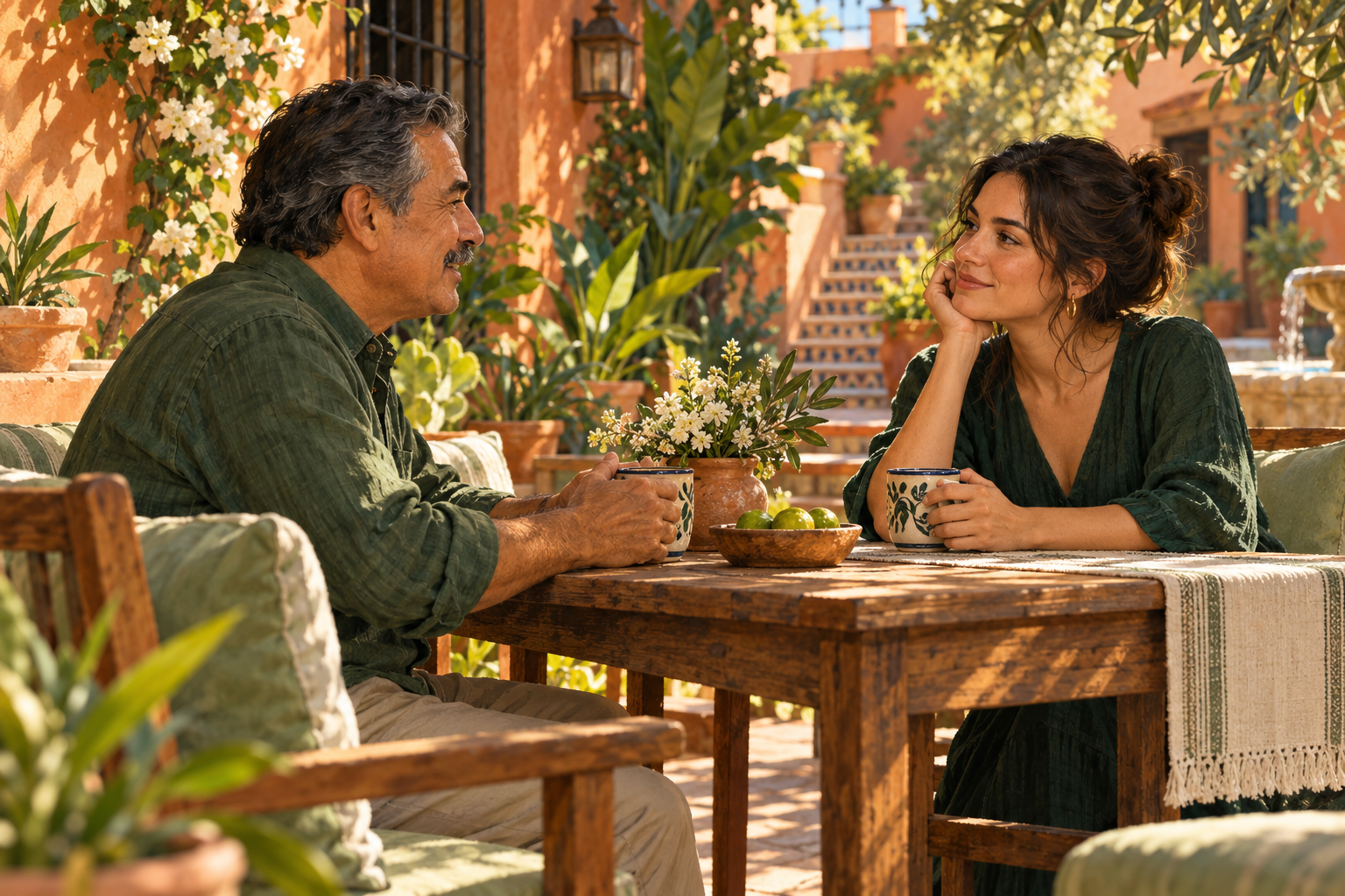 Ilustración de un hombre y su hija adulta conversando en un patio al atardecer